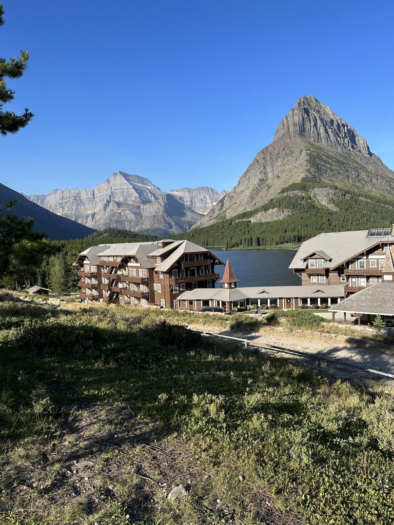 Many Glacier Hotel from the parking lot above the hotel Swift Current Lake, Glacier National Park